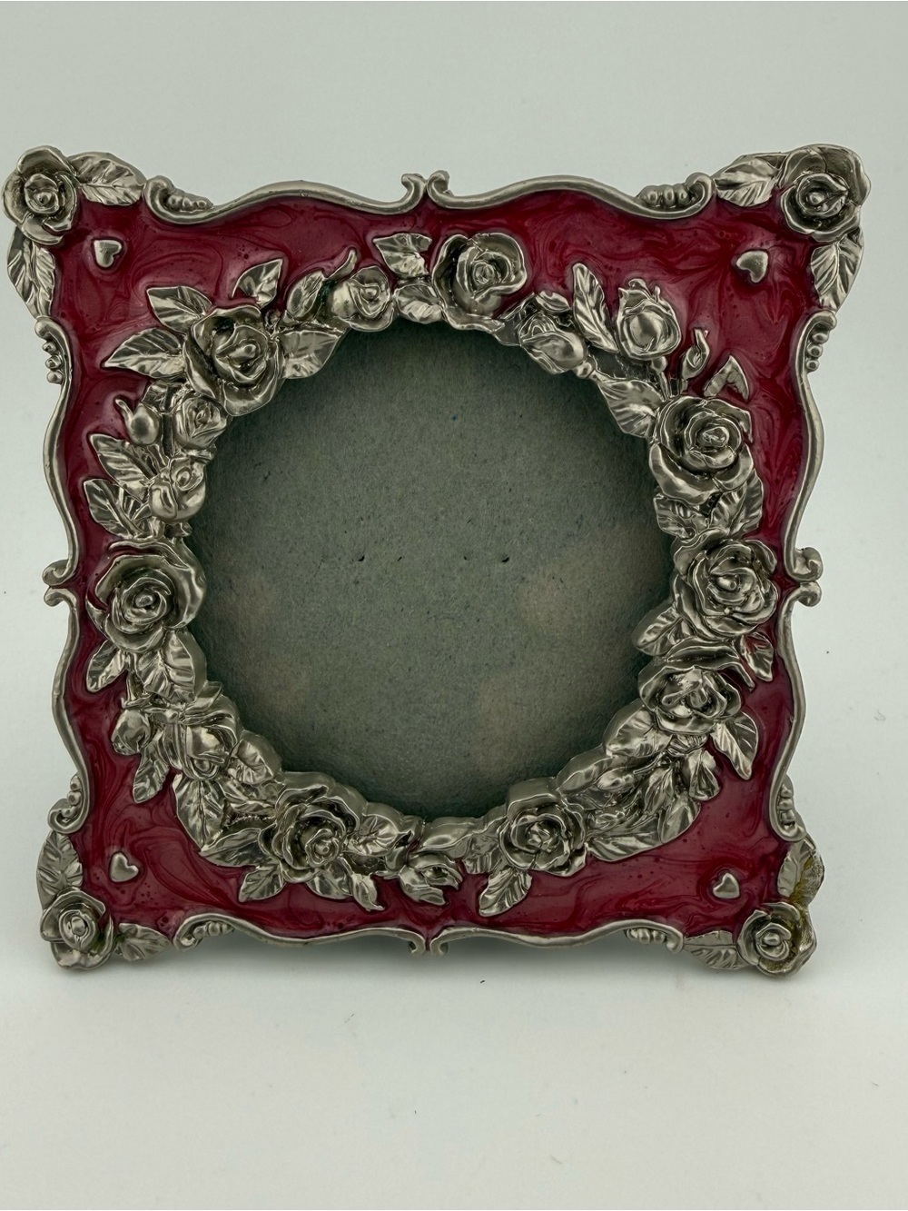 Vintage-Style Silver-Tone Rose Floral Pink Enamel Mini Table Top Picture Frame
